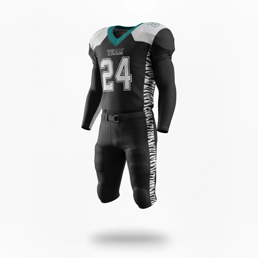 Custom Football Professional Away Football Uniforms - Black, White - Uniform Tiger Stripe - Front View - HAMCO Sports Inc.