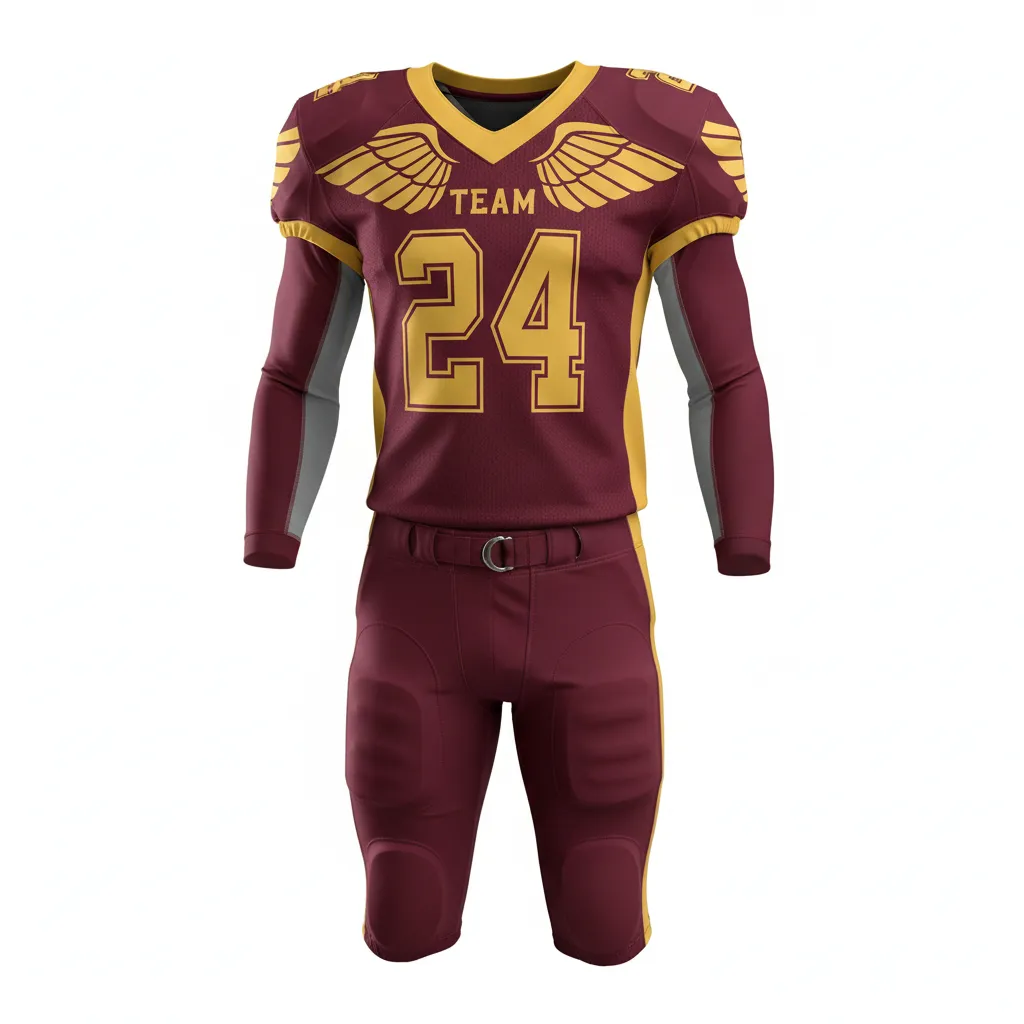 Custom Football Professional Away Football Uniforms - Burgundy, Gold - Uniform Vegas Shoulder Wings - Front View - HAMCO Sports Inc.