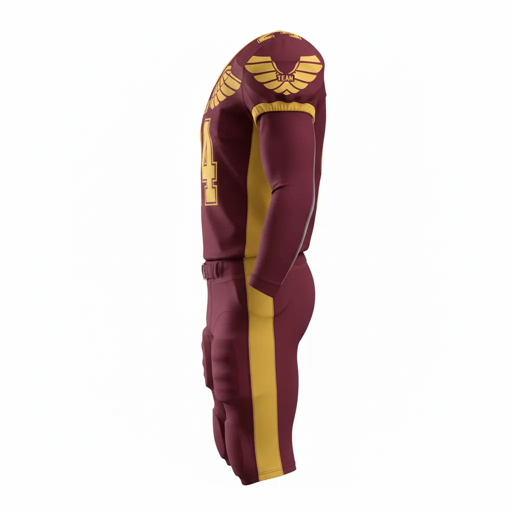 Custom Football Professional Away Football Uniforms - Burgundy, Gold - Uniform Vegas Shoulder Wings - Side View - HAMCO Sports Inc.