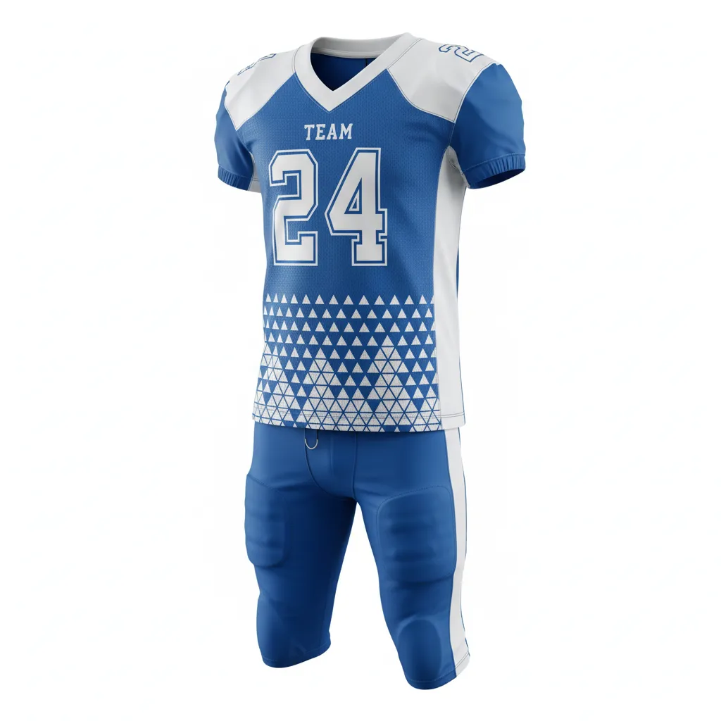 Custom Football Professional Away Football Uniforms - Blue, White - Uniform Columbia Geometric Triangles - Front View - HAMCO Sports Inc.