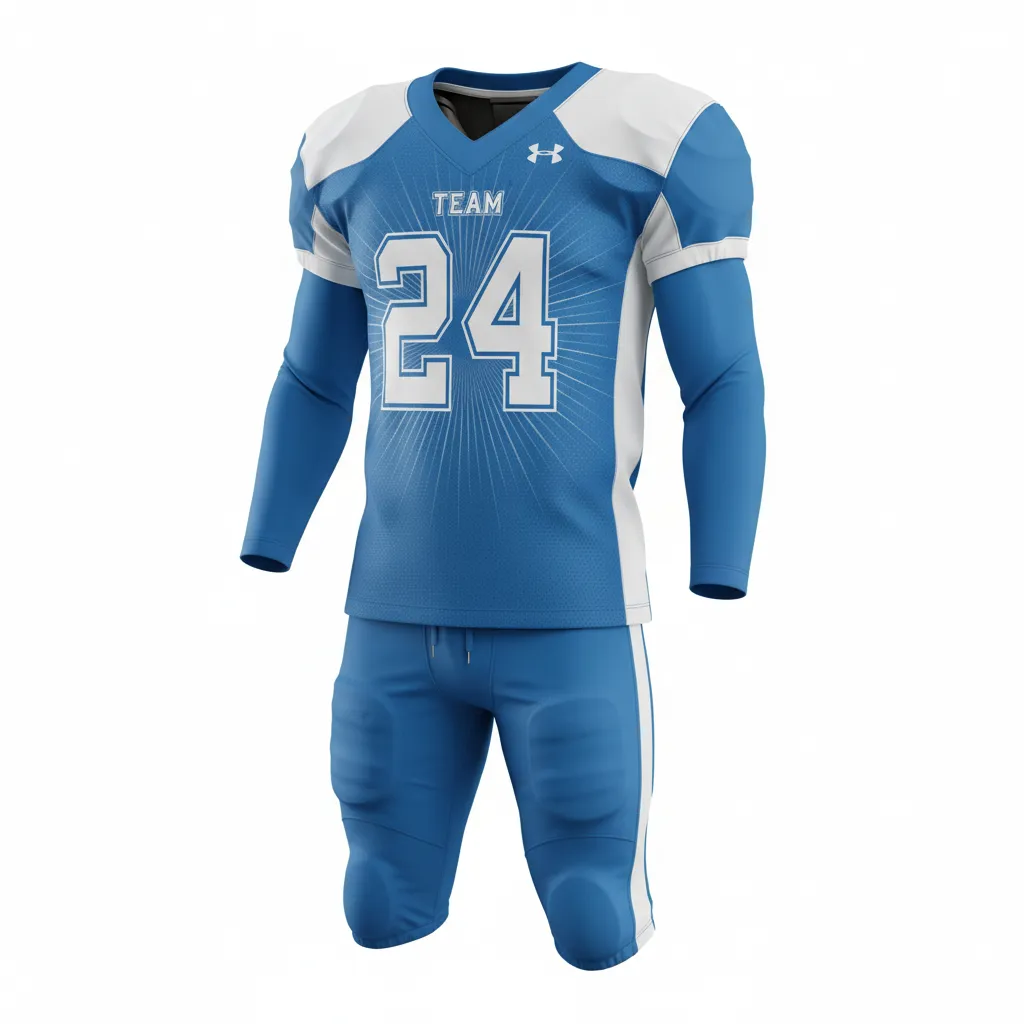 Custom Football Professional Away Football Uniforms - Blue, White - Uniform Columbia Starburst - Front View - HAMCO Sports Inc.
