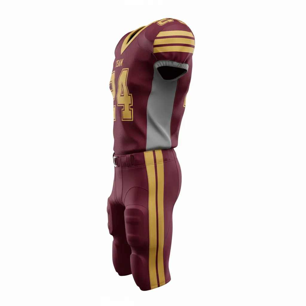 Custom Football Professional Football Uniforms - Burgundy, Gold - Football Uniform Vegas Triple Shoulder Stripe - Side View - HAMCO Sports Inc.