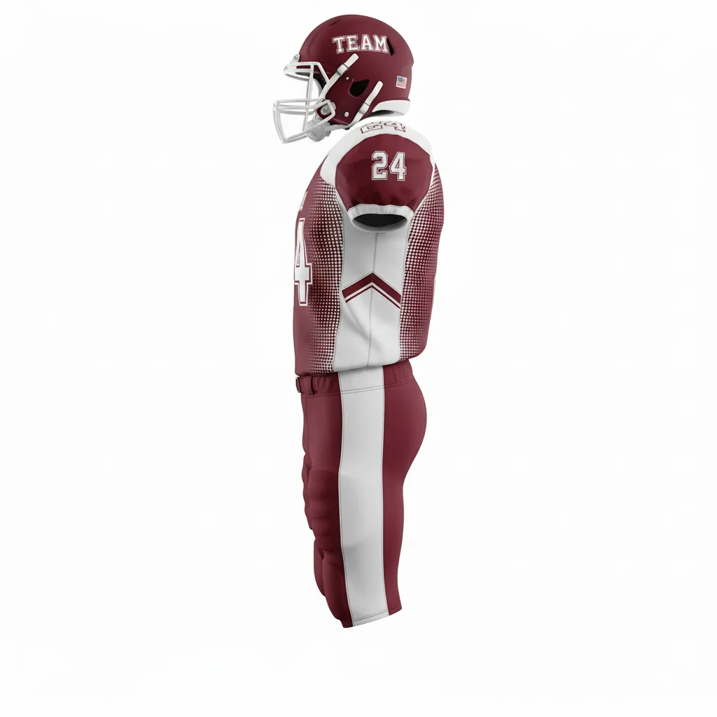 Custom Football Professional Football Uniforms - Burgundy, White - Football Uniform Halftone Dots - Side View - HAMCO Sports Inc.