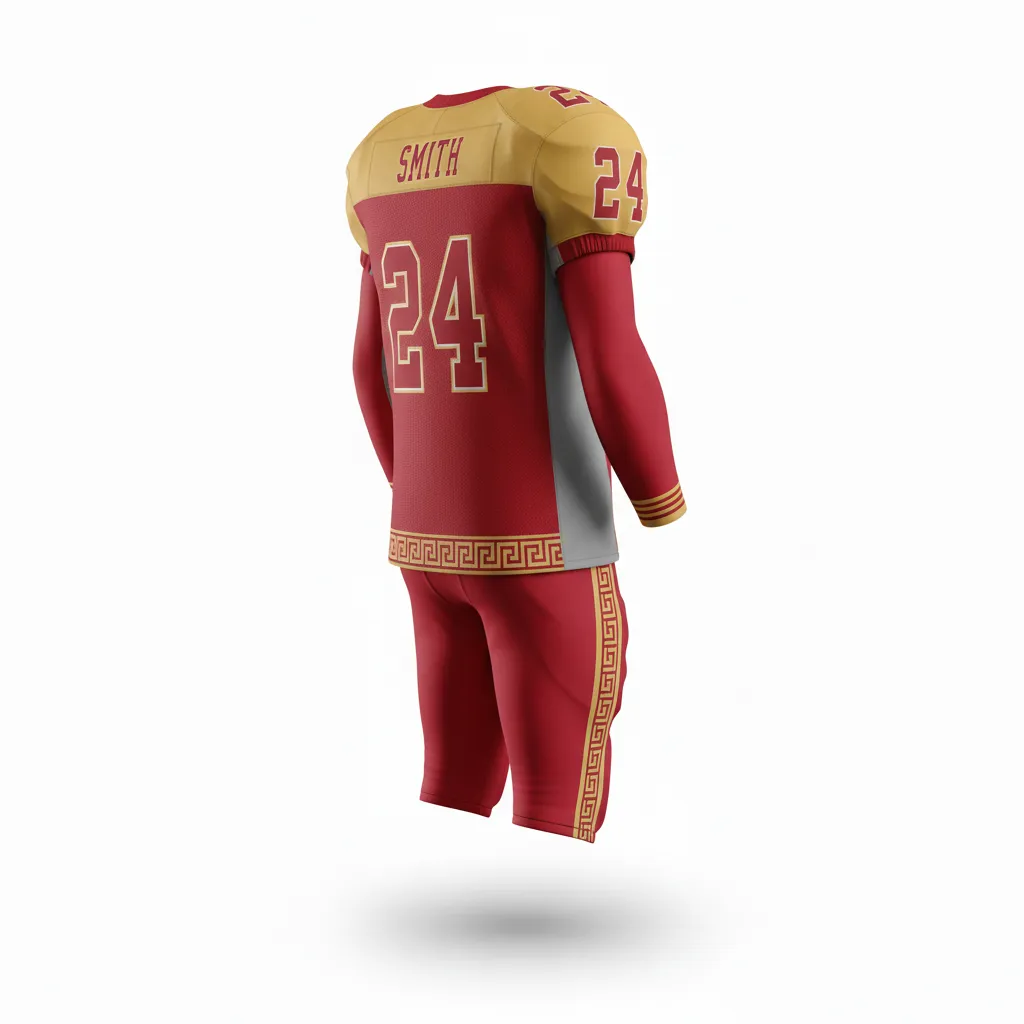 Custom Football Professional Football Uniforms - Gold - Football Uniform Cardinal Vegas Greek Key Border - Back View - HAMCO Sports Inc.