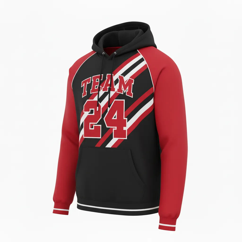 Custom Football Pullover Hoodie - Black, Red, White - Hoodie Tricolor - Front View - HAMCO Sports Inc.