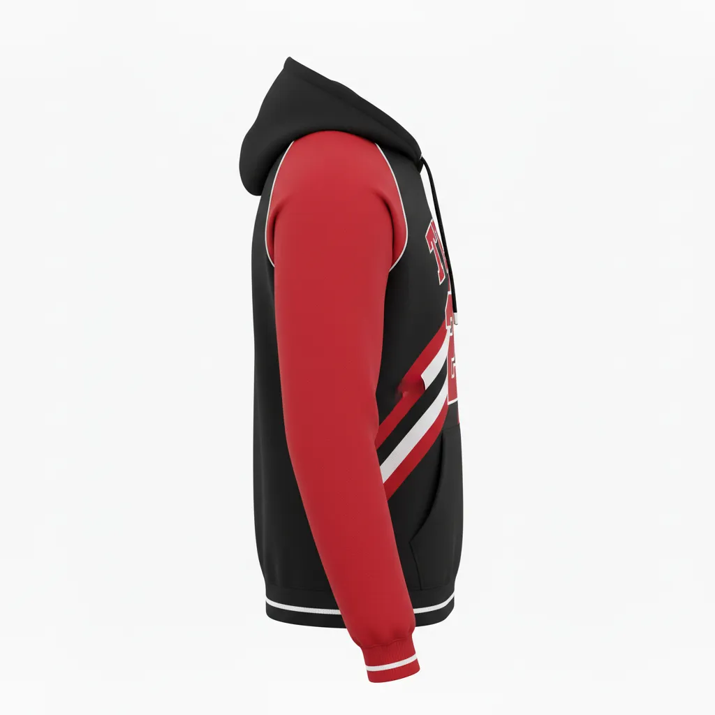 Custom Football Pullover Hoodie - Black, Red, White - Hoodie Tricolor - Side View - HAMCO Sports Inc.