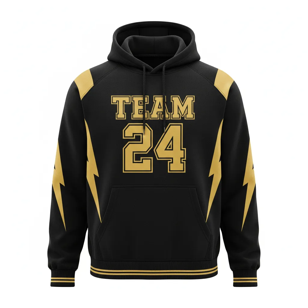 Custom Football Pullover Hoodie - Black, Gold - Hoodie Vegas Lightning Bolt - Front View - HAMCO Sports Inc.