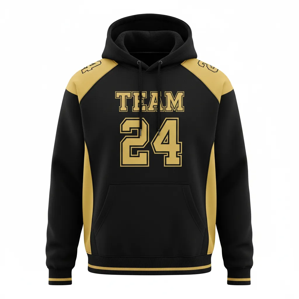 Custom Football Pullover Hoodie - Black, Gold - Hoodie Vegas Side Panel - Front View - HAMCO Sports Inc.