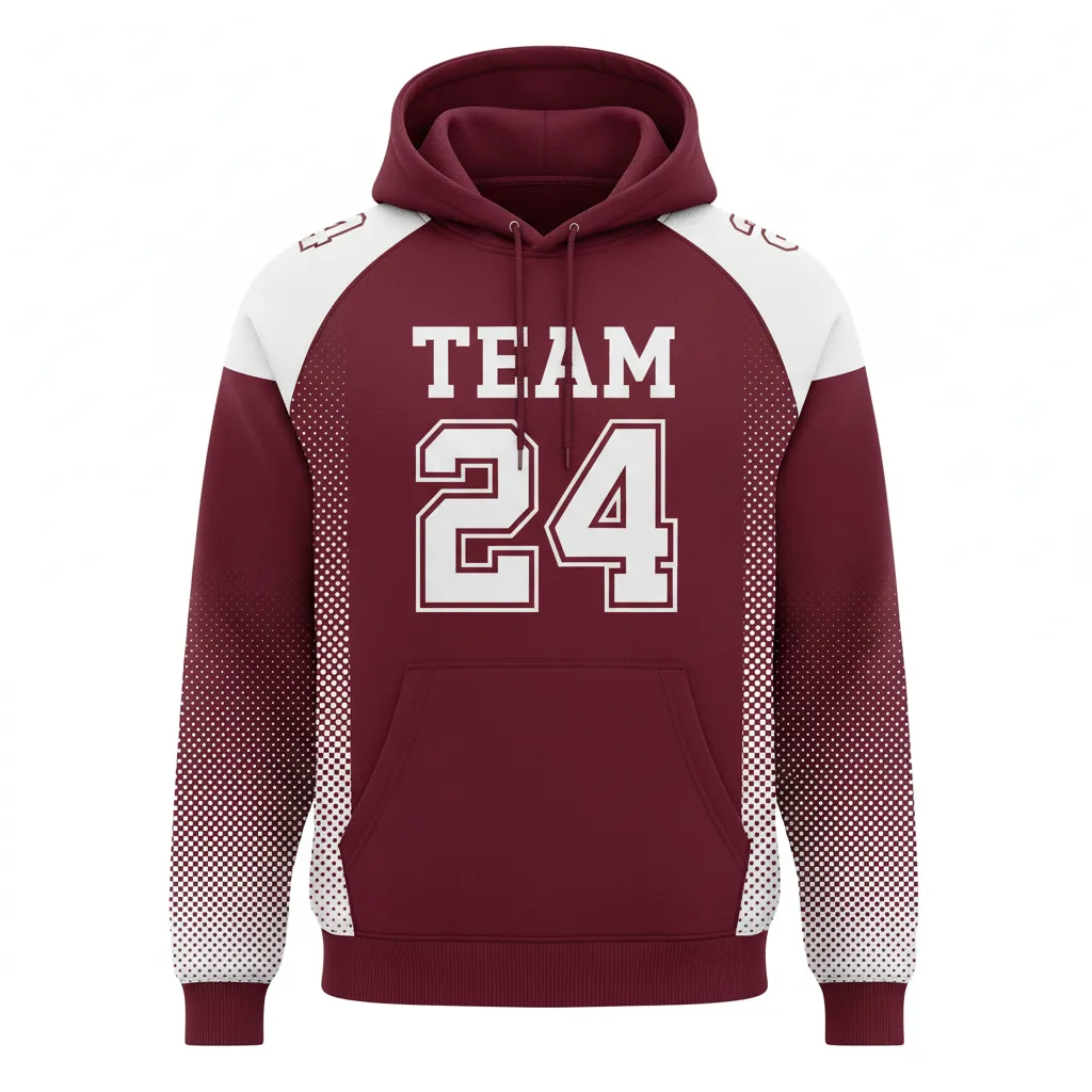 Custom Football Pullover Hoodie - Burgundy, White - Hoodie Halftone Dots - Front View - HAMCO Sports Inc.