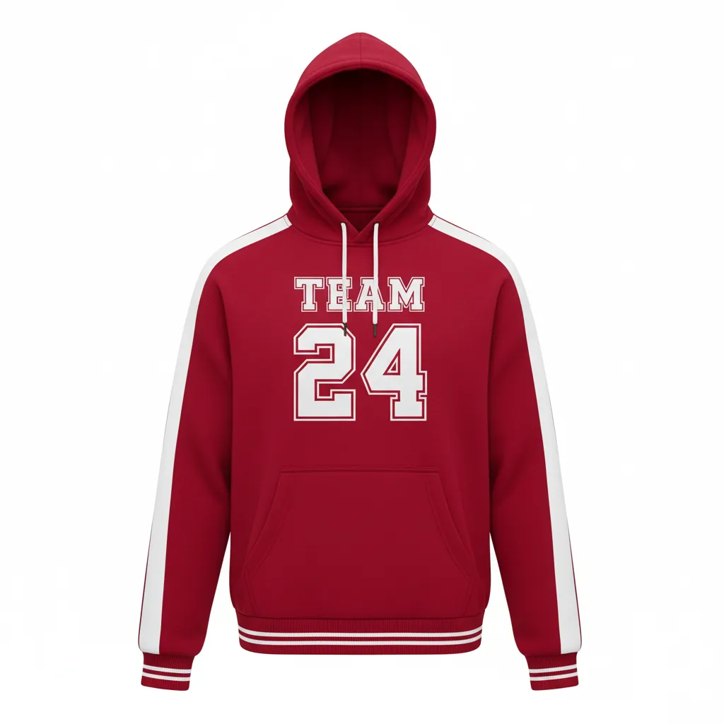 Custom Football Pullover Hoodie - White - Hoodie Cardinal Shoulder Hem Stripe - Front View - HAMCO Sports Inc.