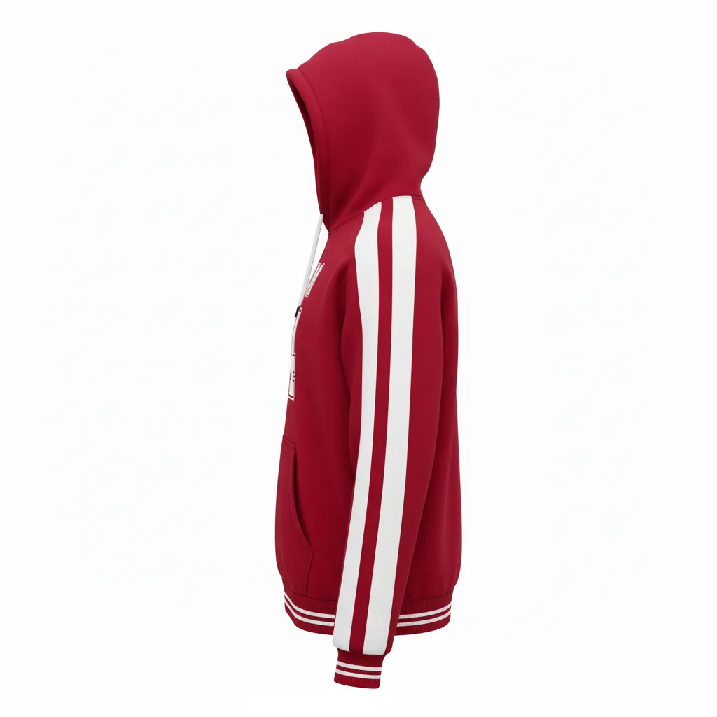 Custom Football Pullover Hoodie - White - Hoodie Cardinal Shoulder Hem Stripe - Side View - HAMCO Sports Inc.