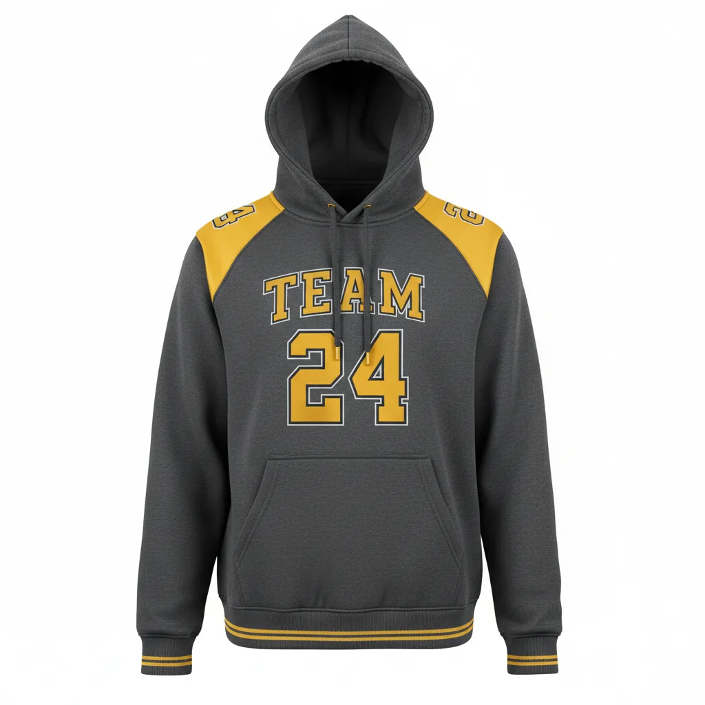 Custom Football Pullover Hoodie - Gold - Hoodie Charcoal Vegas Shoulder Cap - Front View - HAMCO Sports Inc.