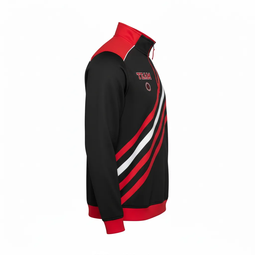 Custom Football Quarter Zipper Pullover - Black, Red, White - Quarter Zip Tricolor - Side View - HAMCO Sports Inc.