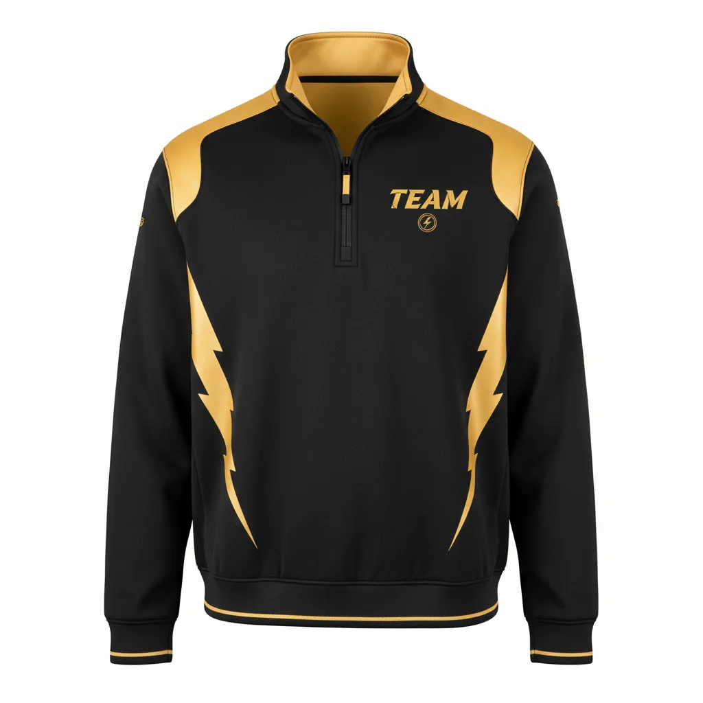 Custom Football Quarter Zipper Pullover - Black, Gold - Quarter Zip Vegas Lightning Bolt - Front View - HAMCO Sports Inc.