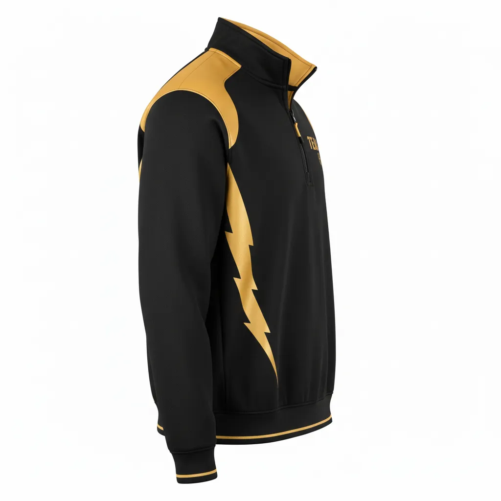 Custom Football Quarter Zipper Pullover - Black, Gold - Quarter Zip Vegas Lightning Bolt - Side View - HAMCO Sports Inc.