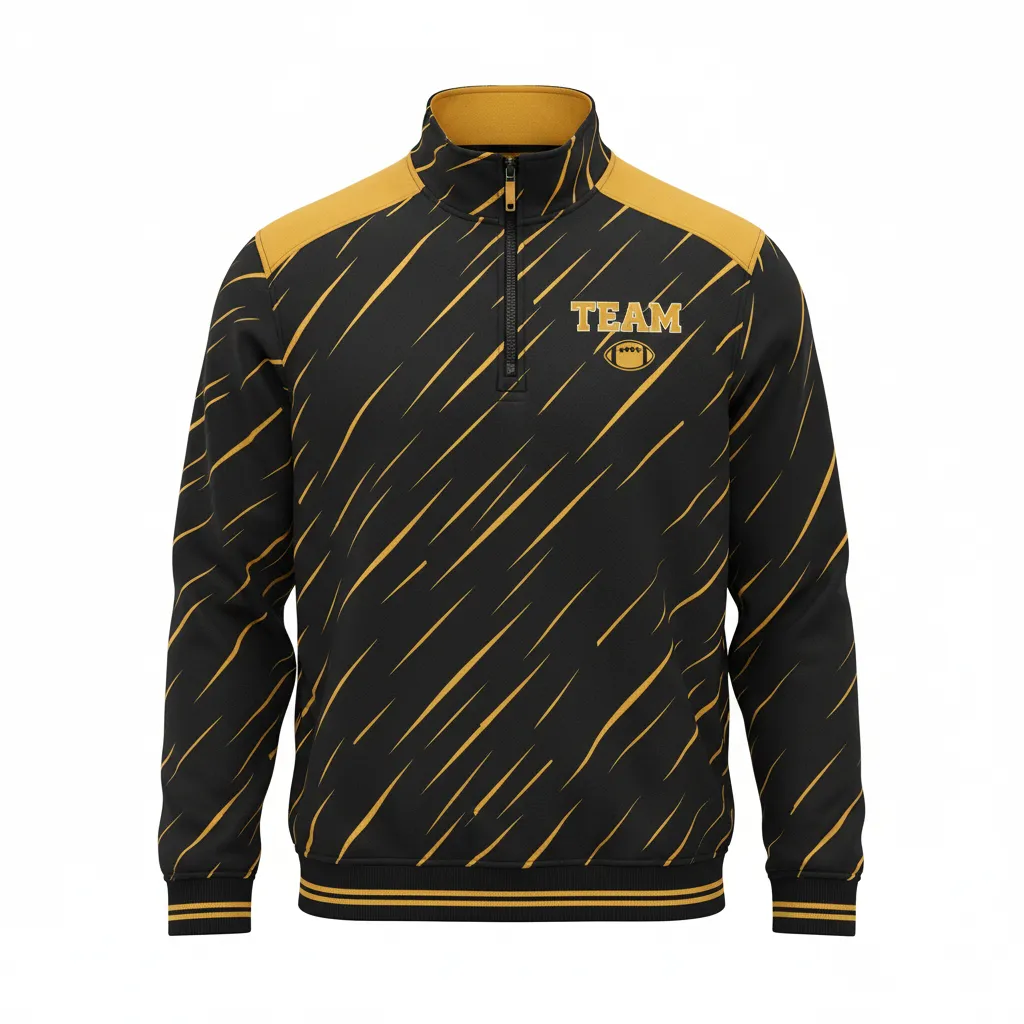 Custom Football Quarter Zipper Pullover - Black, Gold - Quarter Zip Vegas Razor Slash - Front View - HAMCO Sports Inc.