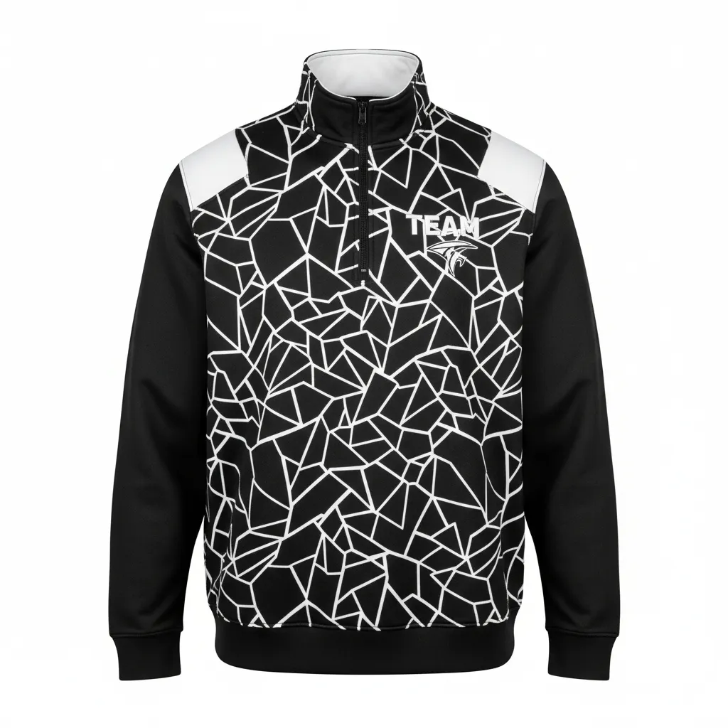 Custom Football Quarter Zipper Pullover - Black, White - Quarter Zip Shattered Glass - Front View - HAMCO Sports Inc.