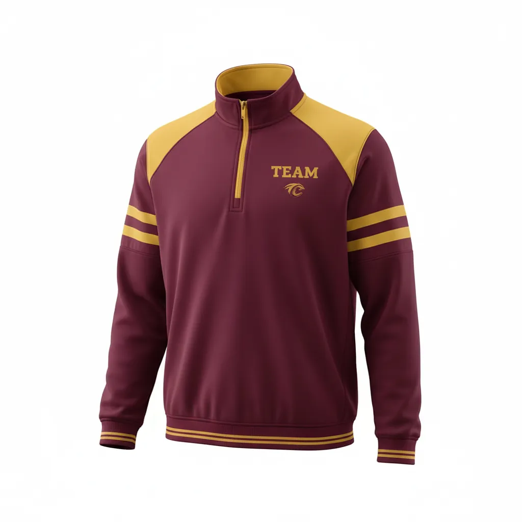 Custom Football Quarter Zipper Pullover - Burgundy, Gold - Quarter Zip Vegas Triple Stripe - Front View - HAMCO Sports Inc.