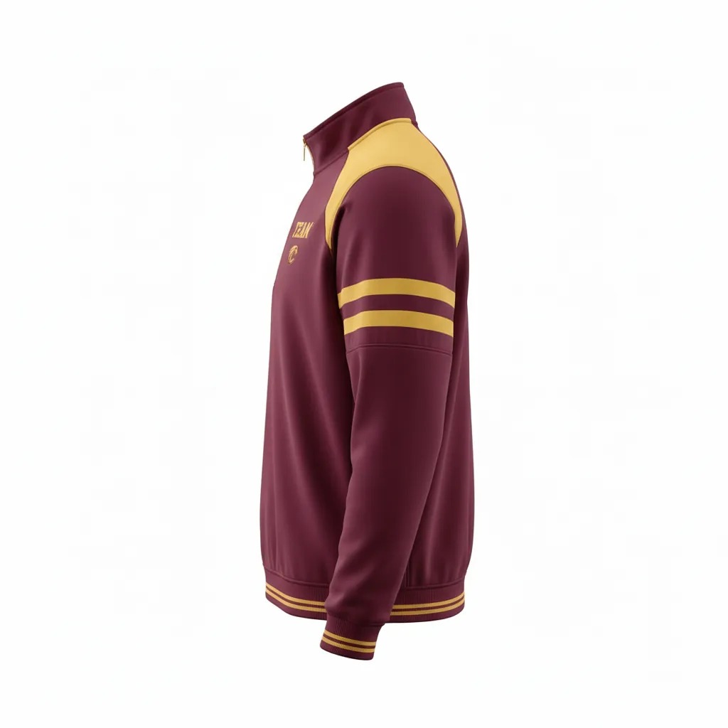 Custom Football Quarter Zipper Pullover - Burgundy, Gold - Quarter Zip Vegas Triple Stripe - Side View - HAMCO Sports Inc.