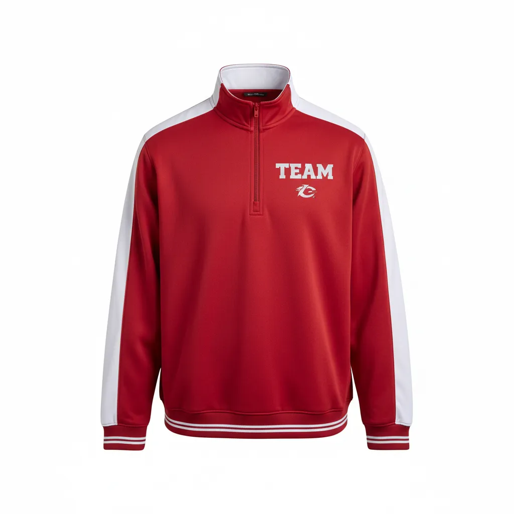 Custom Football Quarter Zipper Pullover - White - Quarter Zip Cardinal Shoulder Hem Stripe - Front View - HAMCO Sports Inc.