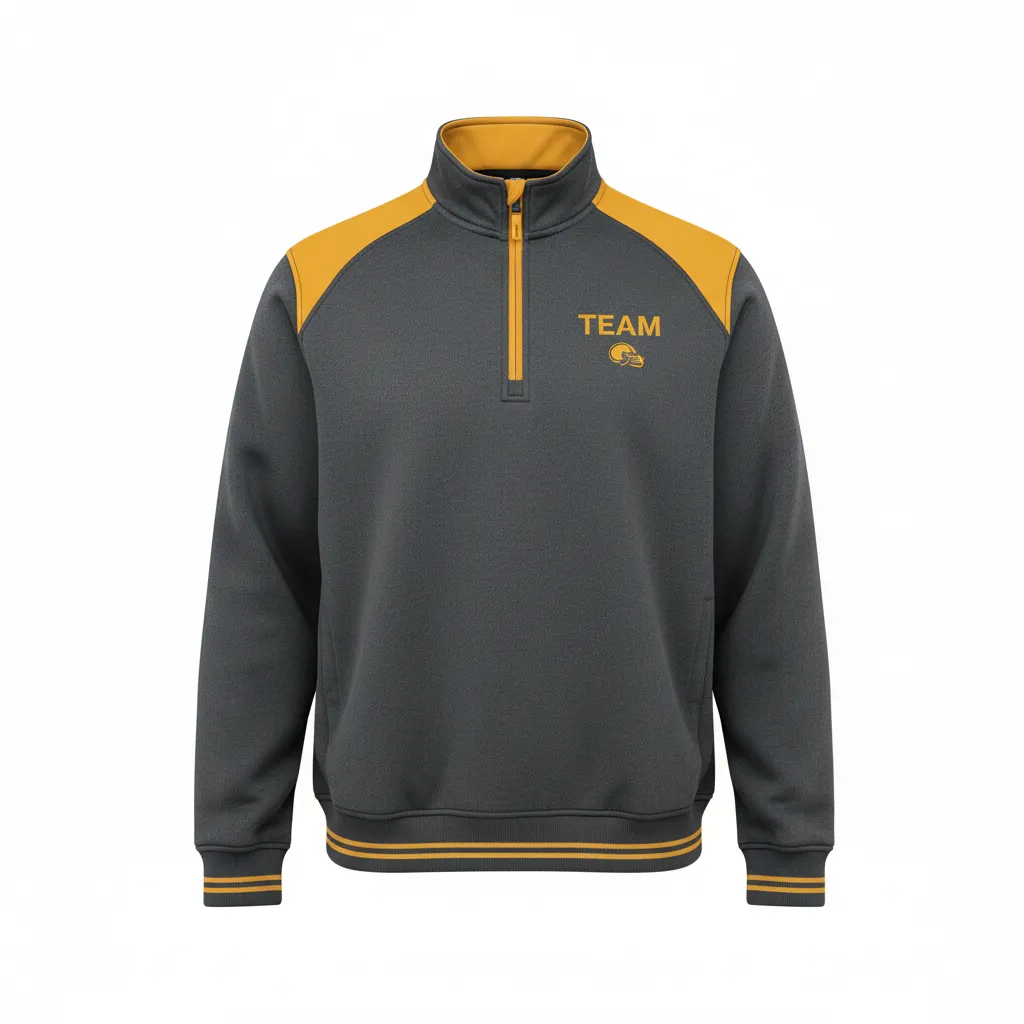 Custom Football Quarter Zipper Pullover - Gold - Quarter Zip Charcoal Vegas Shoulder Cap - Front View - HAMCO Sports Inc.