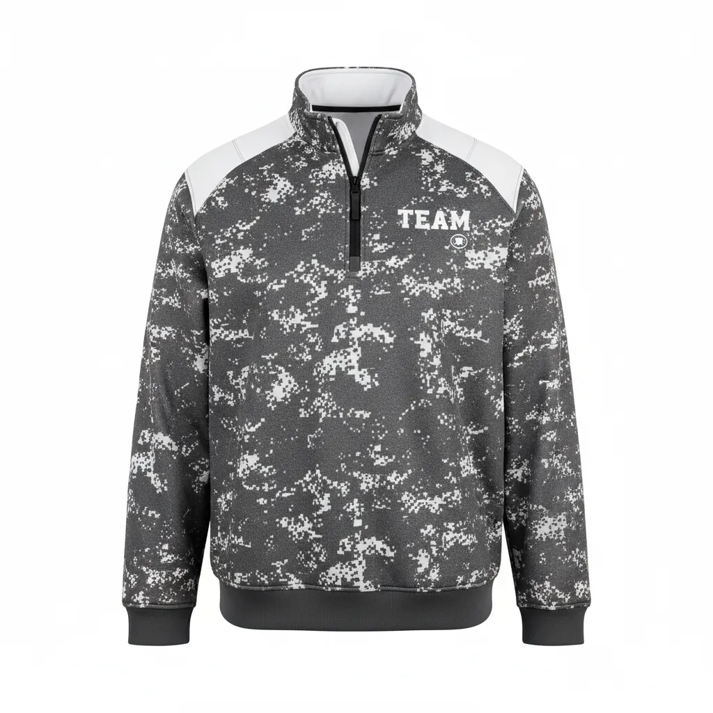 Custom Football Quarter Zipper Pullover - White - Quarter Zip Charcoal Digital Camo - Front View - HAMCO Sports Inc.