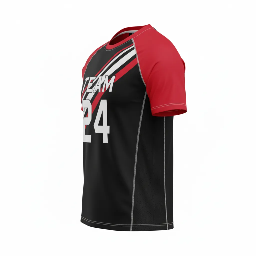 Custom Football Short Sleeve T Shirt - Black, Red, White - Training Shirt Tricolor - Side View - HAMCO Sports Inc.