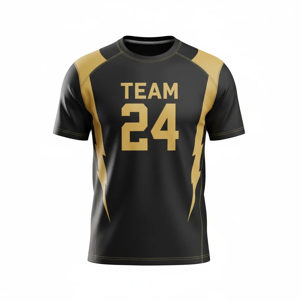 Custom Football Short Sleeve T Shirt - Black, Gold - Training Shirt Vegas Lightning Bolt - Front View - HAMCO Sports Inc.