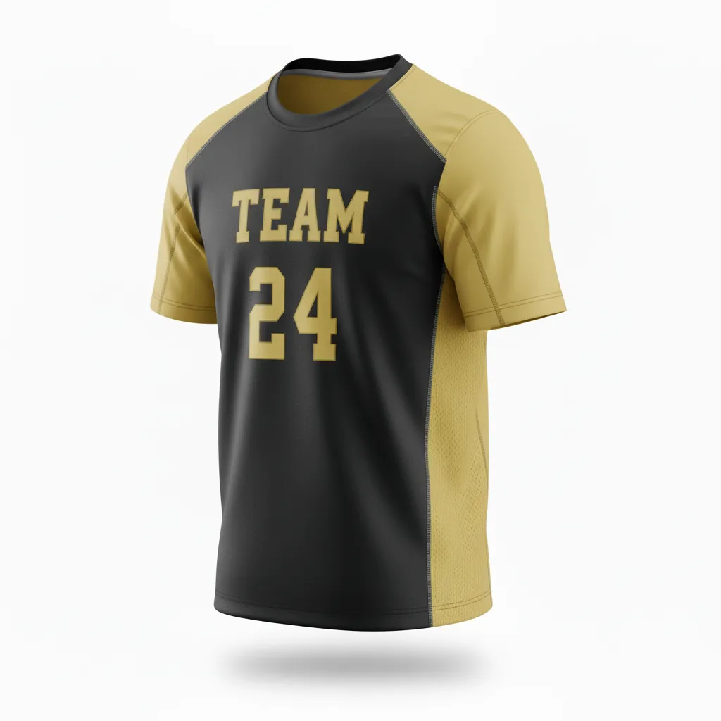 Custom Football Short Sleeve T Shirt - Black, Gold - Training Shirt Vegas Side Panel - Front View - HAMCO Sports Inc.