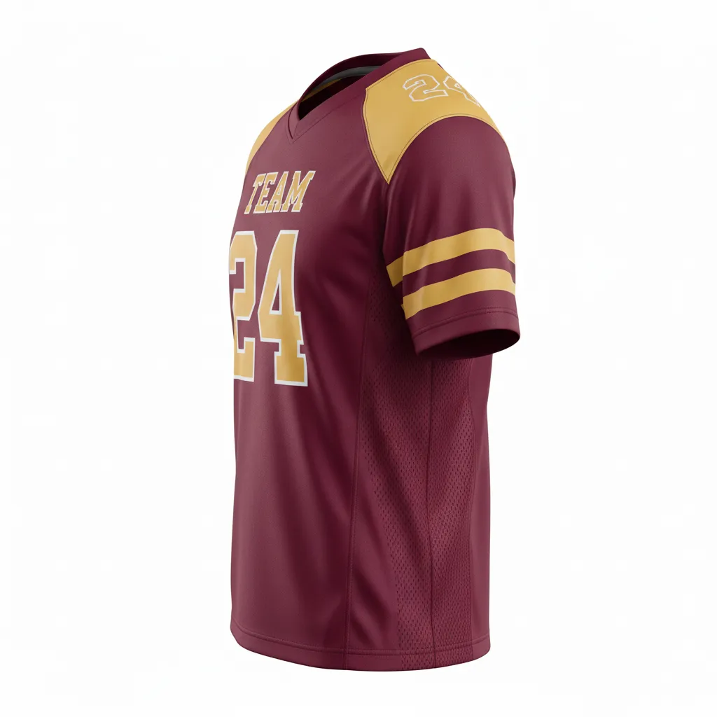 Custom Football Short Sleeve T Shirt - Burgundy, Gold - Training Shirt Vegas Triple Stripe - Side View - HAMCO Sports Inc.