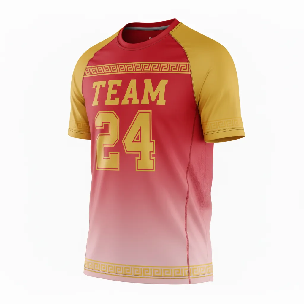 Custom Football Short Sleeve T Shirt - Gold - Training Shirt Cardinal Vegas Greek Key - Front View - HAMCO Sports Inc.