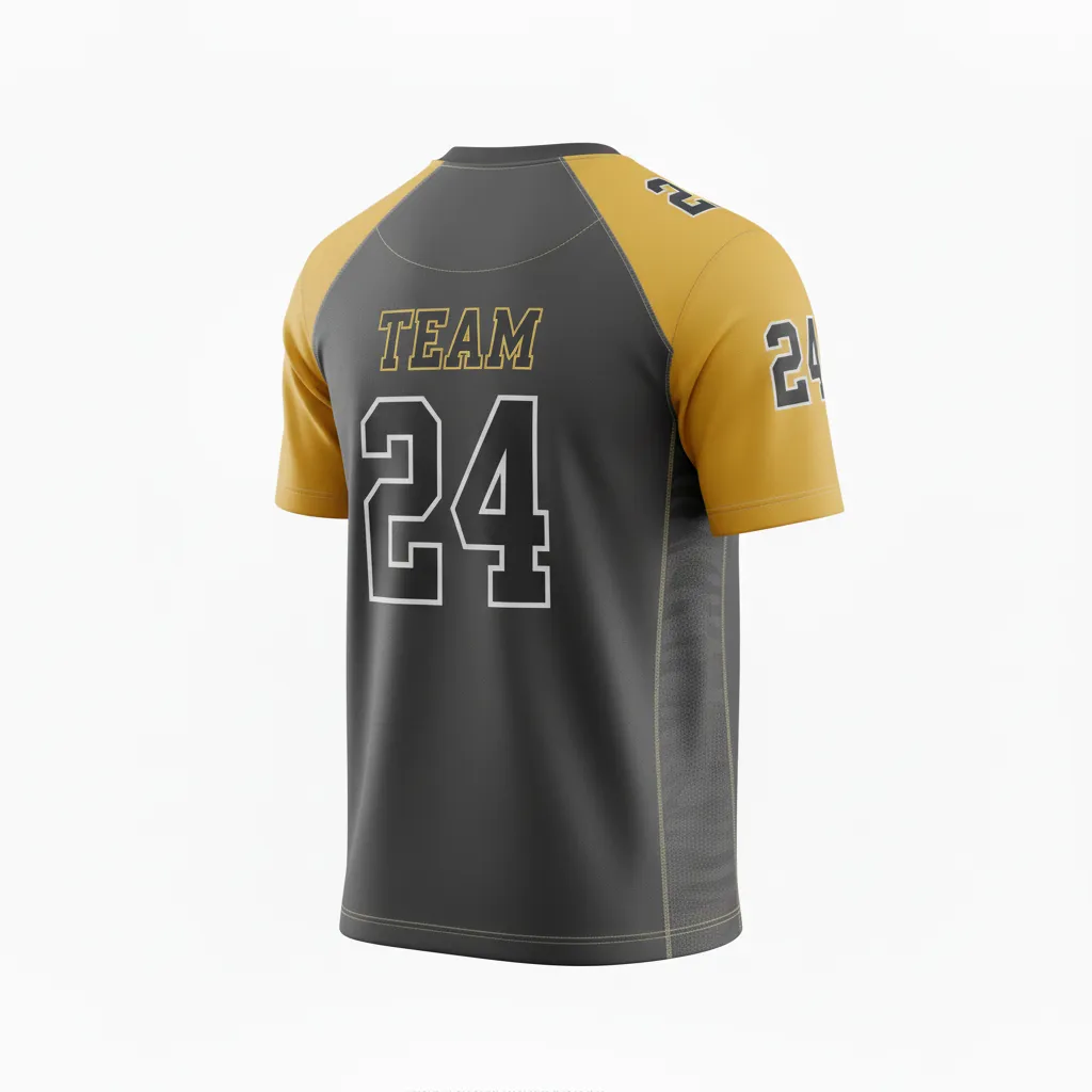 Custom Football Short Sleeve T Shirt - Gold - Training Shirt Charcoal Vegas Shoulder Cap - Back View - HAMCO Sports Inc.