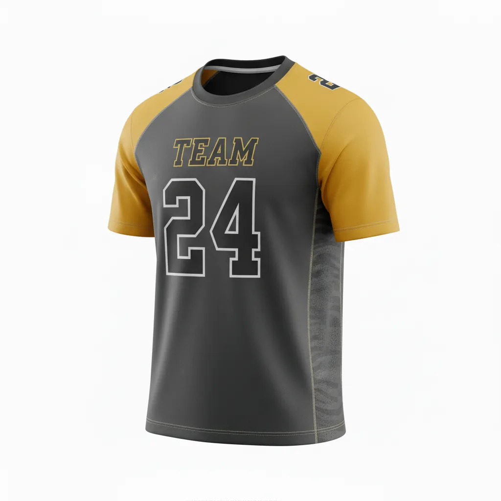 Custom Football Short Sleeve T Shirt - Gold - Training Shirt Charcoal Vegas Shoulder Cap - Front View - HAMCO Sports Inc.