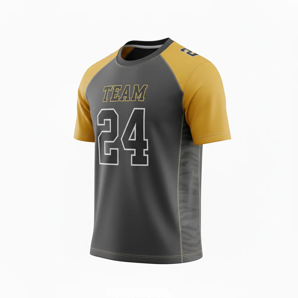 Custom Football Short Sleeve T Shirt - Gold - Training Shirt Charcoal Vegas Shoulder Cap - Side View - HAMCO Sports Inc.