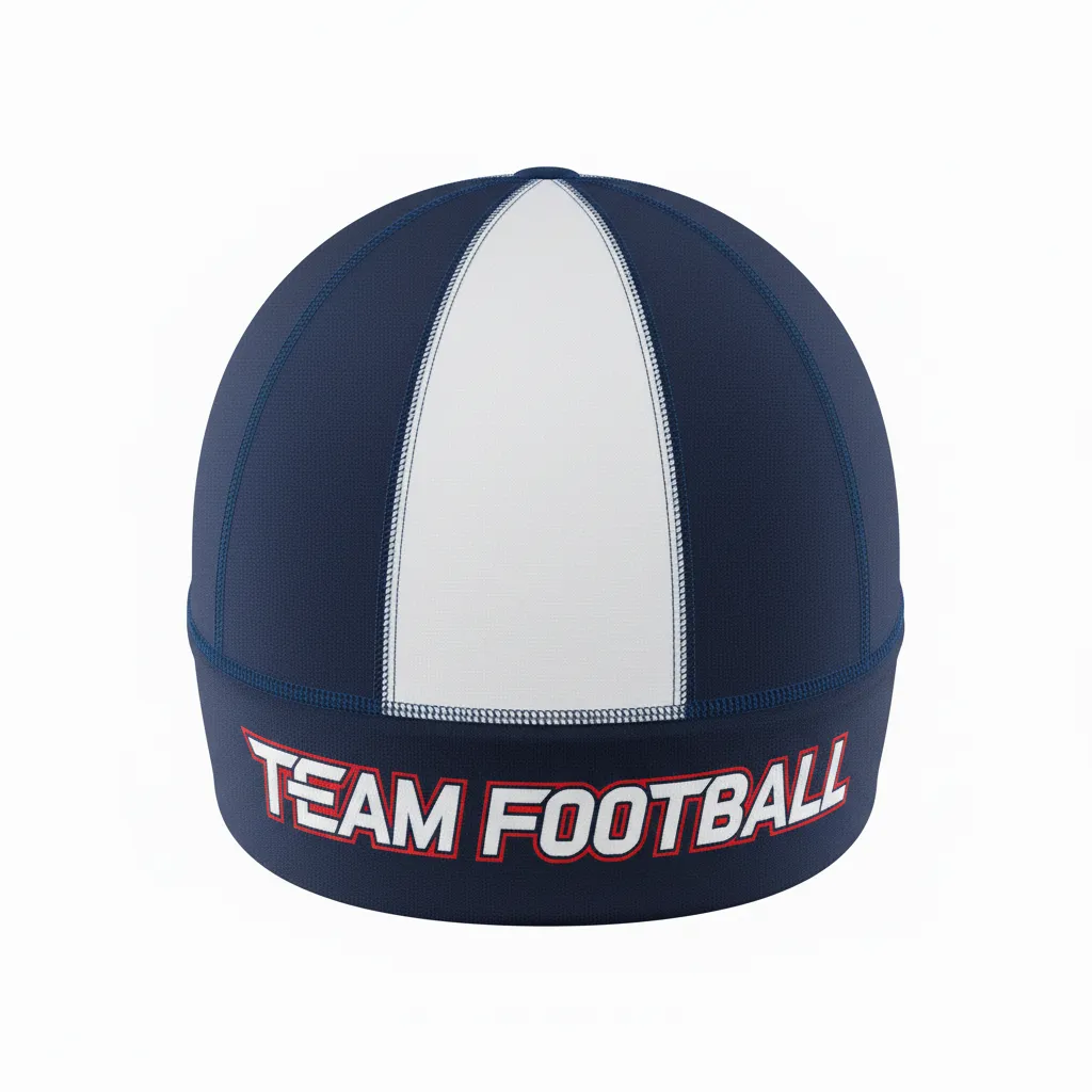 Custom Football Skull Cap - Navy, White - Skull Cap Shoulder Yoke - Back View - HAMCO Sports Inc.