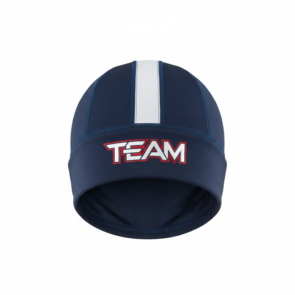 Custom Football Skull Cap - Navy, White - Skull Cap Shoulder Yoke - Front View - HAMCO Sports Inc.
