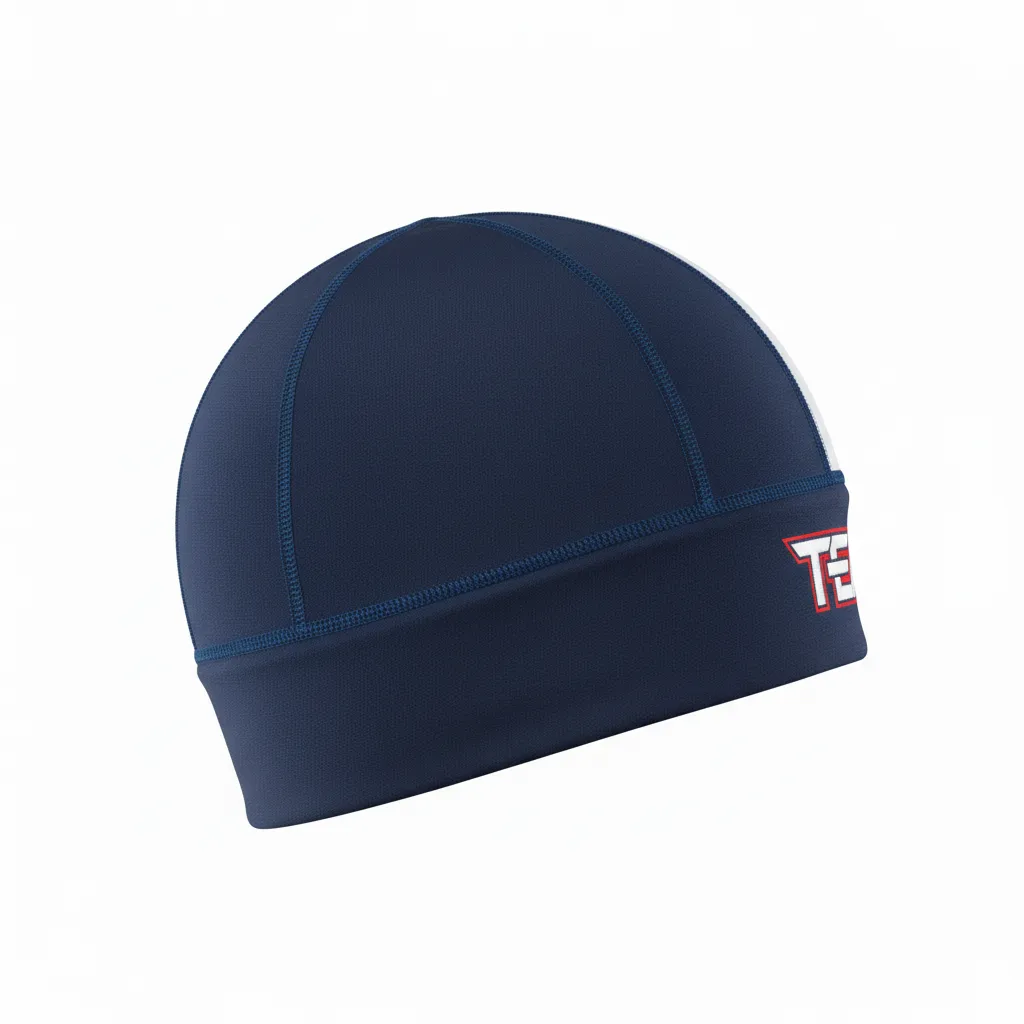 Custom Football Skull Cap - Navy, White - Skull Cap Shoulder Yoke - Side View - HAMCO Sports Inc.