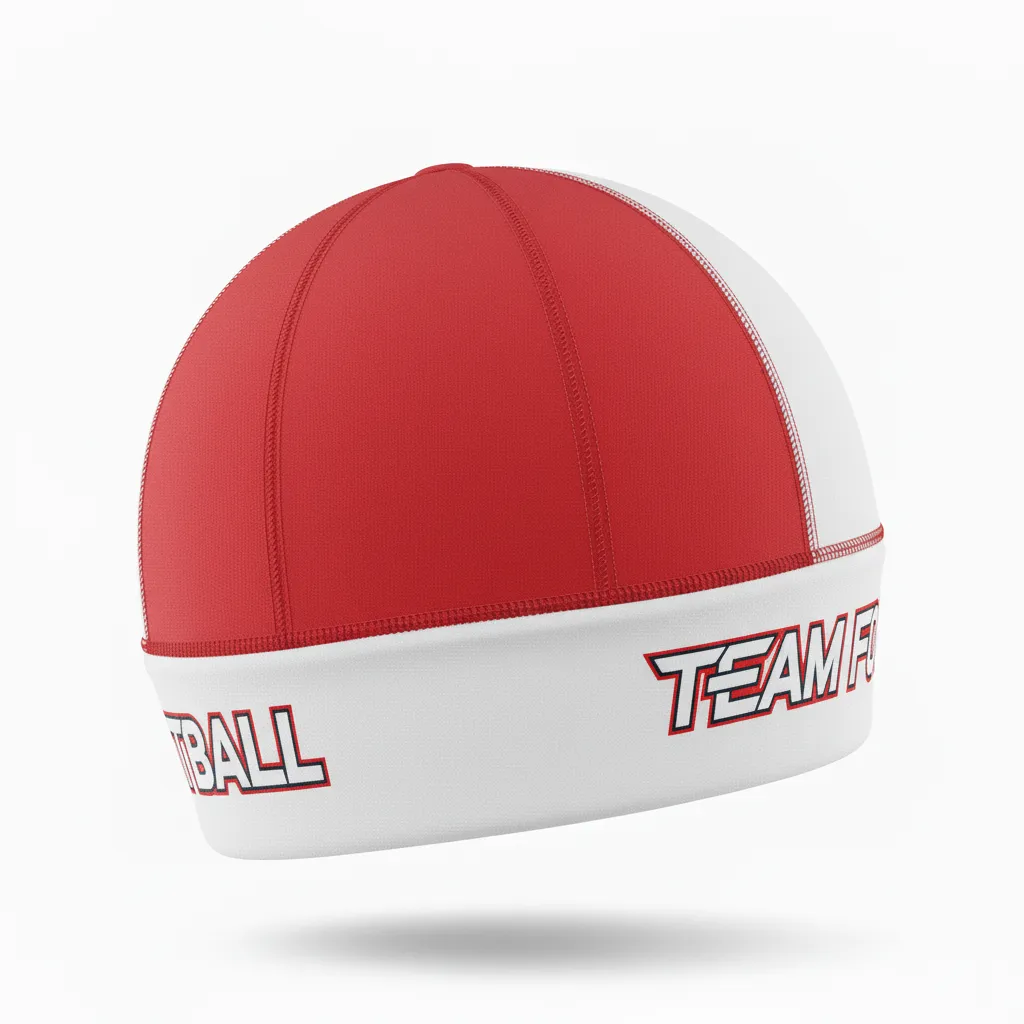 Custom Football Skull Cap - Red, White - Skull Cap Chest Stripe - Side View - HAMCO Sports Inc.