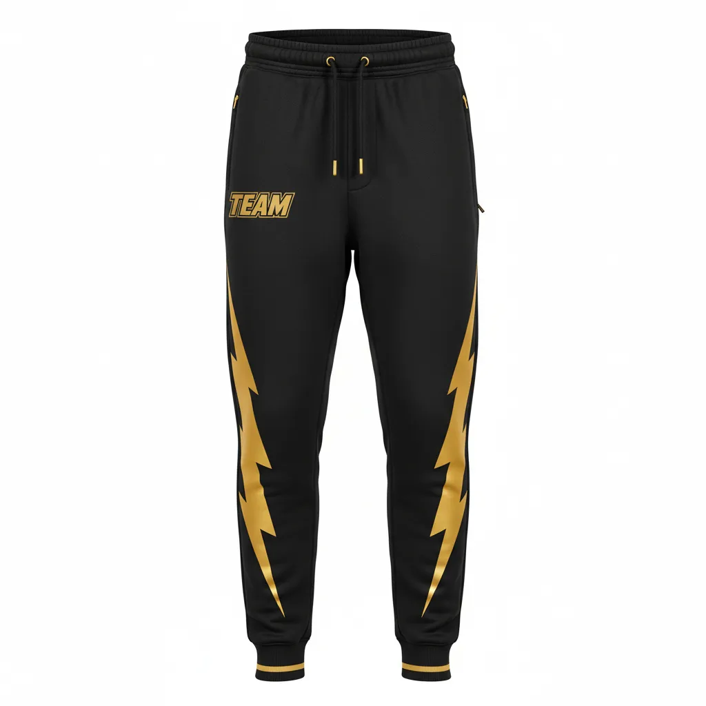 Custom Football Sweatpant - Black, Gold - Sweatpants Vegas Lightning Bolt - Front View - HAMCO Sports Inc.