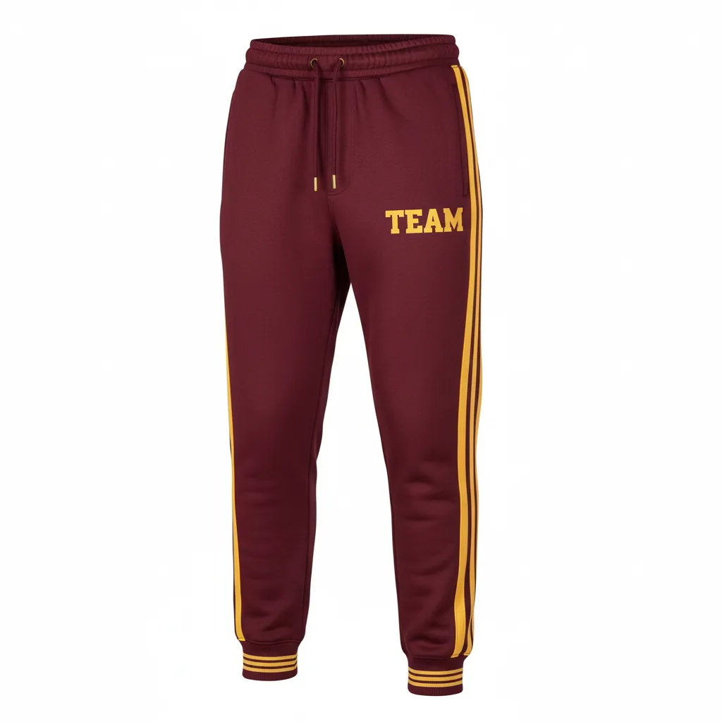 Custom Football Sweatpant - Burgundy, Gold - Sweatpants Vegas Triple Stripe - Front View - HAMCO Sports Inc.