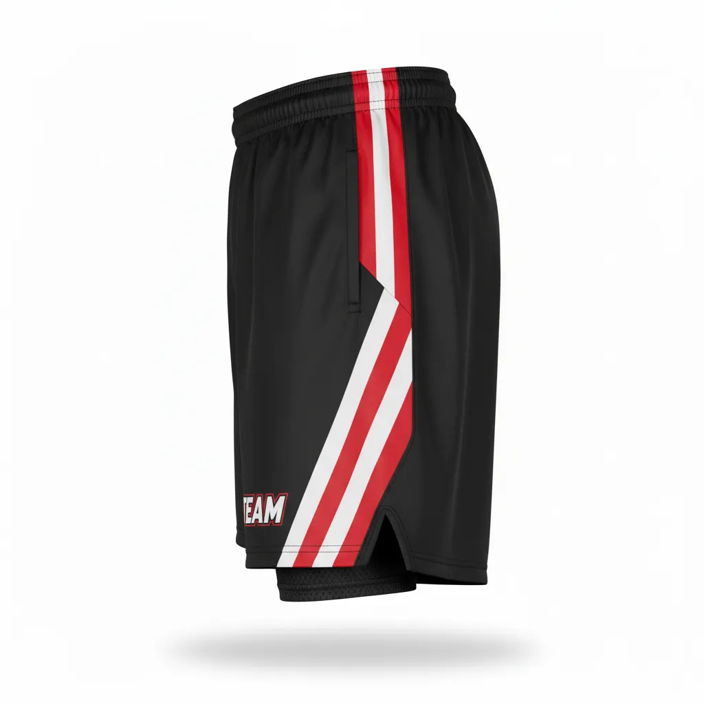 Custom Football Training Shorts - Black, Red, White - Training Shorts Tricolor - Side View - HAMCO Sports Inc.