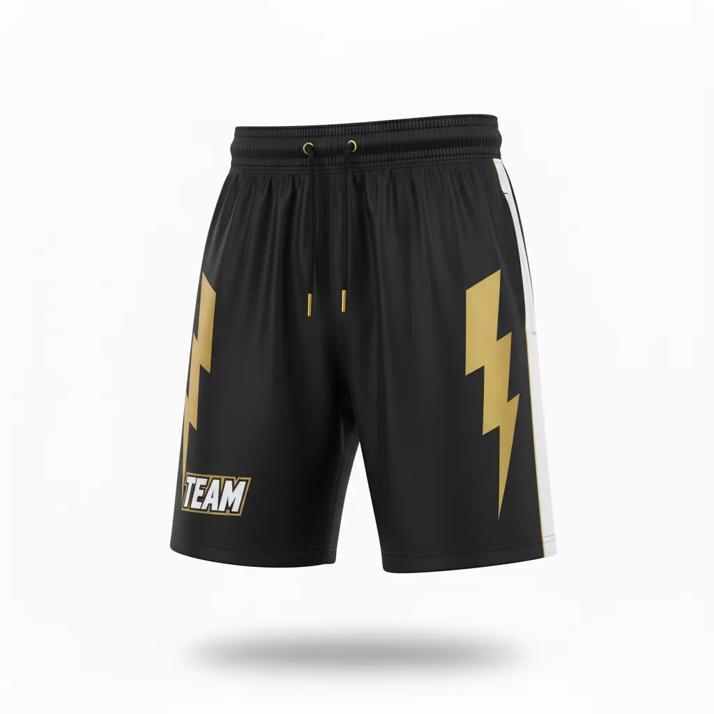 Custom Football Training Shorts - Black, Gold - Training Shorts Vegas Lightning Bolt - Front View - HAMCO Sports Inc.