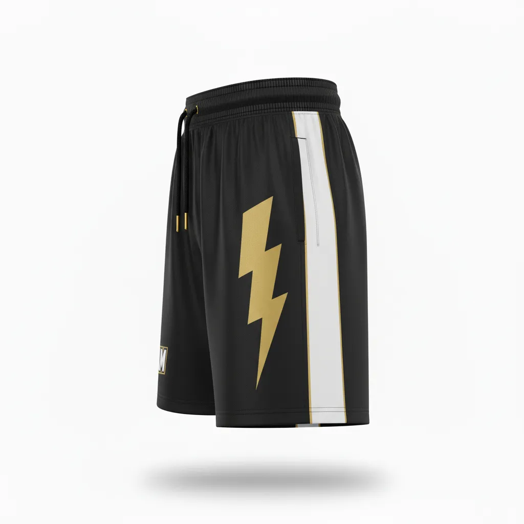 Custom Football Training Shorts - Black, Gold - Training Shorts Vegas Lightning Bolt - Side View - HAMCO Sports Inc.