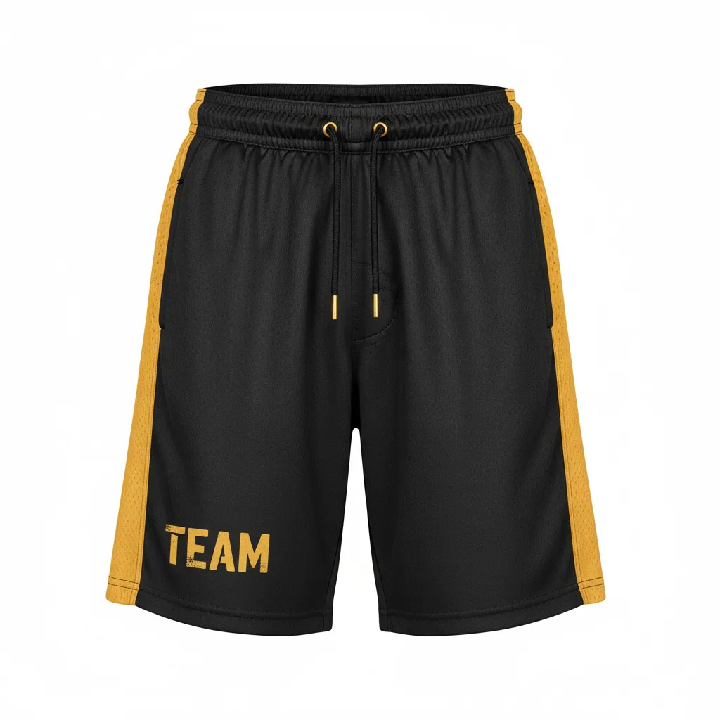 Custom Football Training Shorts - Black, Gold - Training Shorts Vegas Side Panel - Front View - HAMCO Sports Inc.