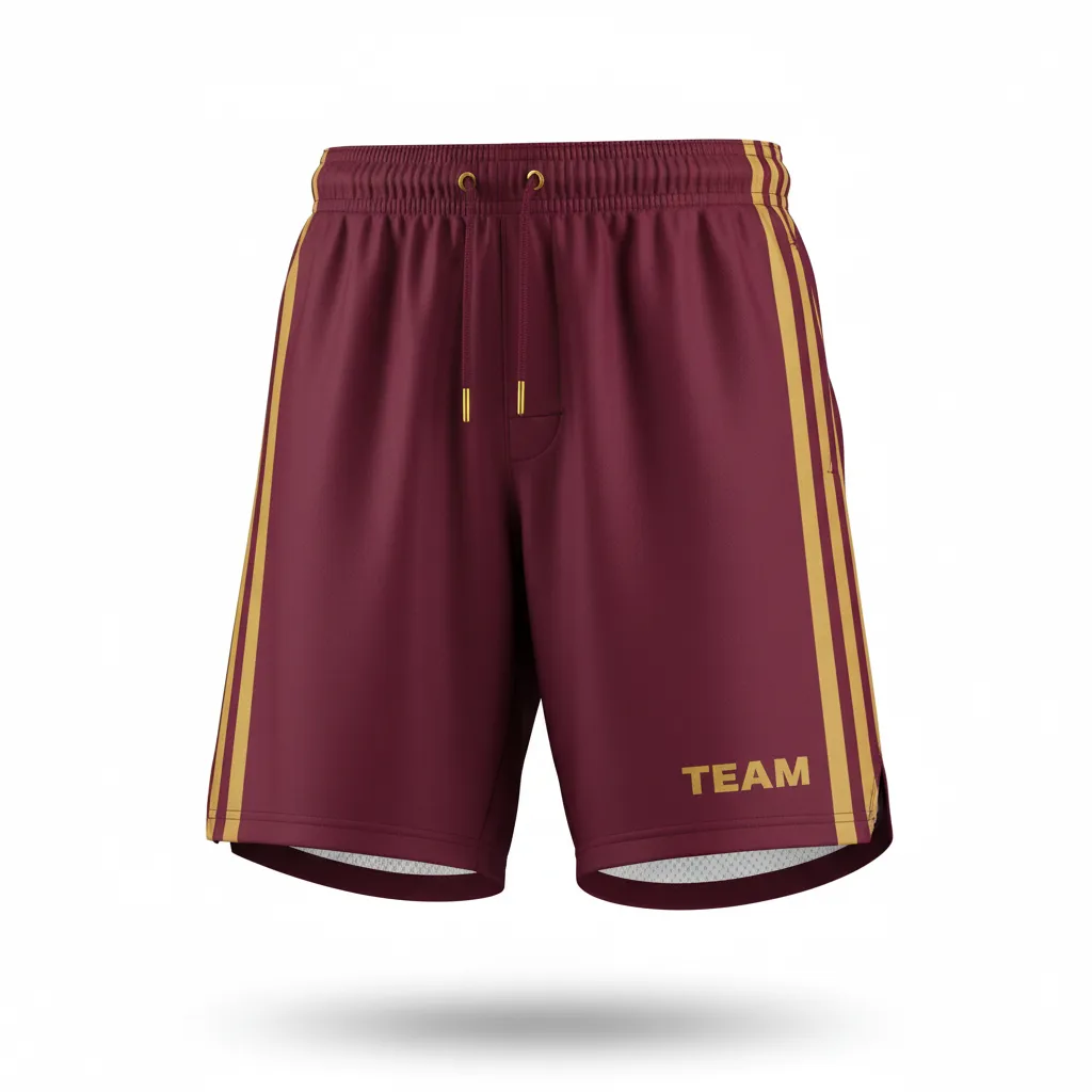 Custom Football Training Shorts - Burgundy, Gold - Training Shorts Vegas Triple Stripe - Front View - HAMCO Sports Inc.