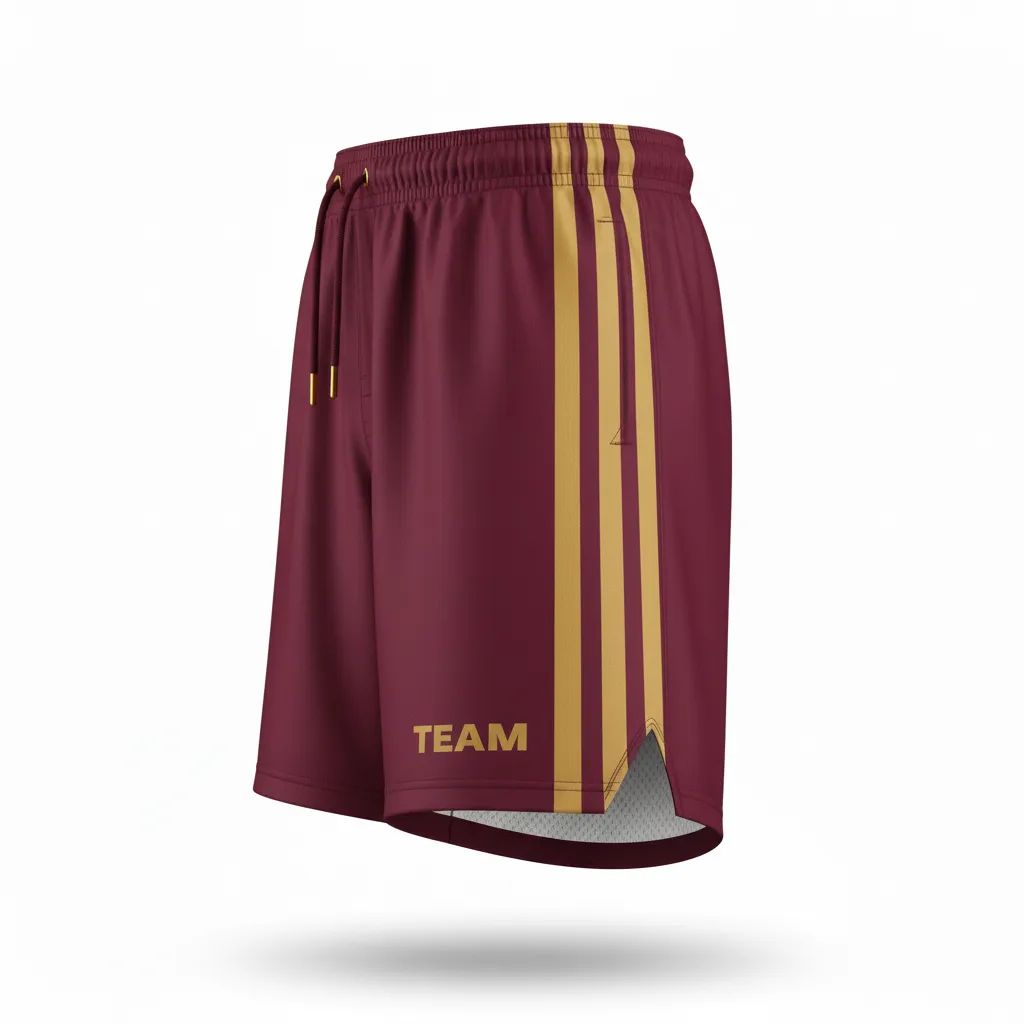 Custom Football Training Shorts - Burgundy, Gold - Training Shorts Vegas Triple Stripe - Side View - HAMCO Sports Inc.