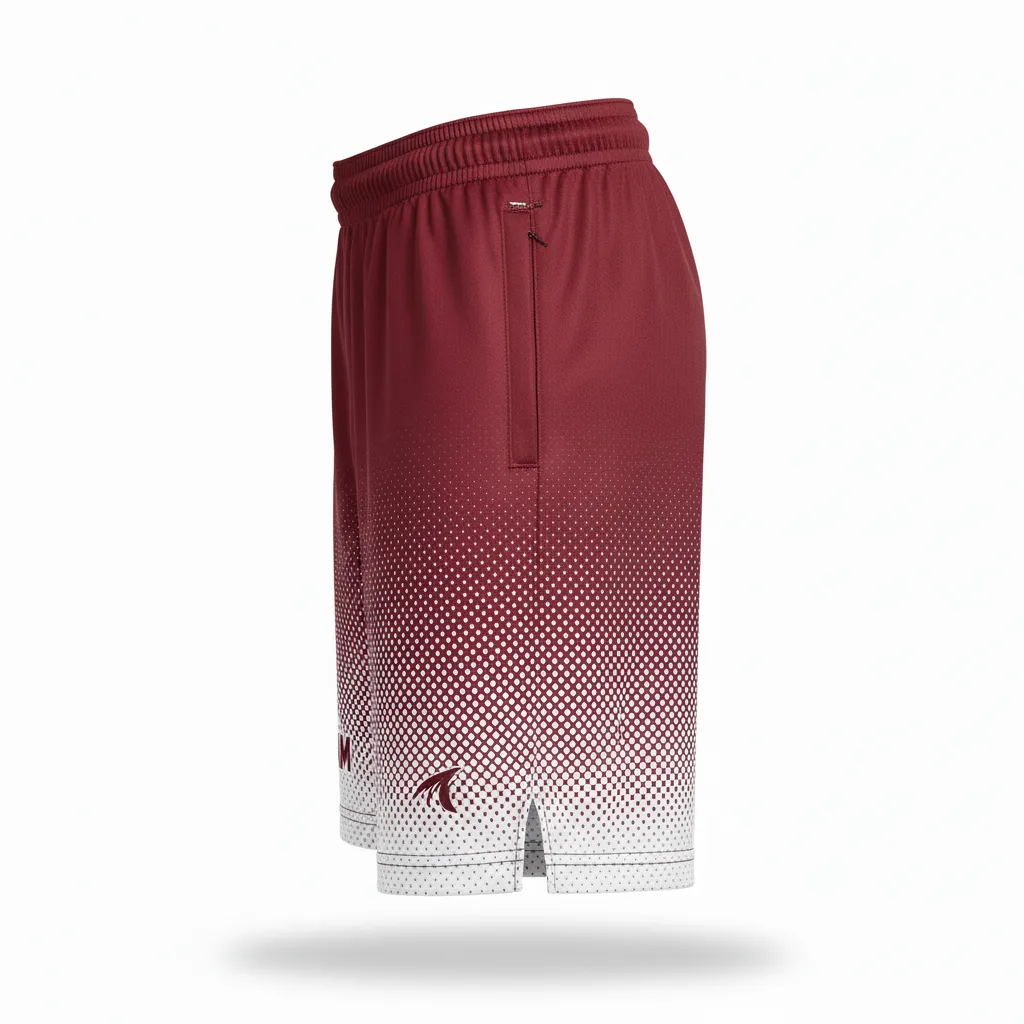 Custom Football Training Shorts - Burgundy, White - Training Shorts Halftone Dots - Side View - HAMCO Sports Inc.