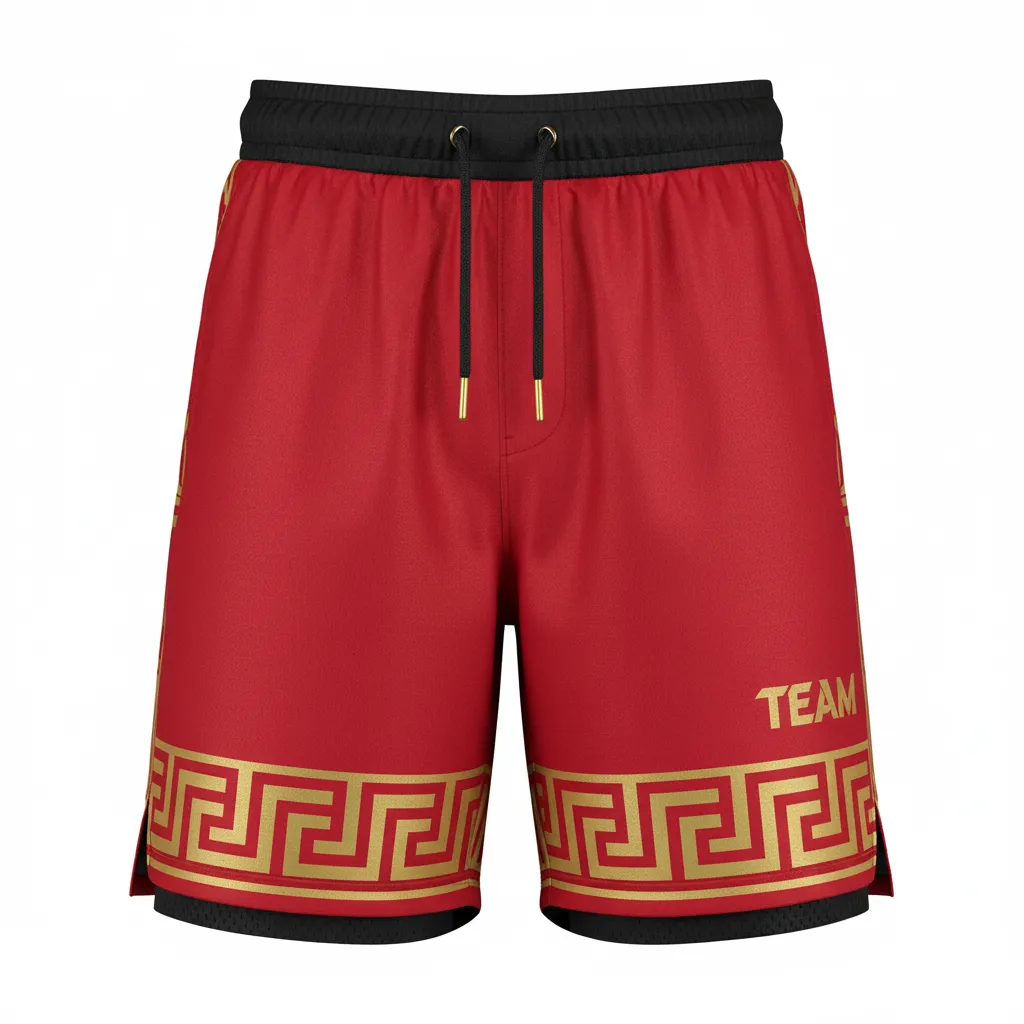 Custom Football Training Shorts - Gold - Training Shorts Cardinal Vegas Greek Key - Front View - HAMCO Sports Inc.