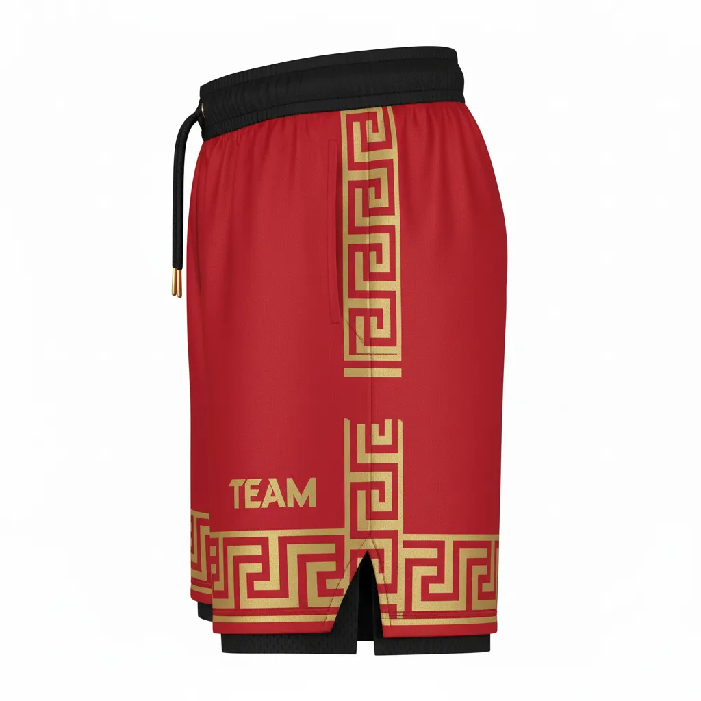 Custom Football Training Shorts - Gold - Training Shorts Cardinal Vegas Greek Key - Side View - HAMCO Sports Inc.