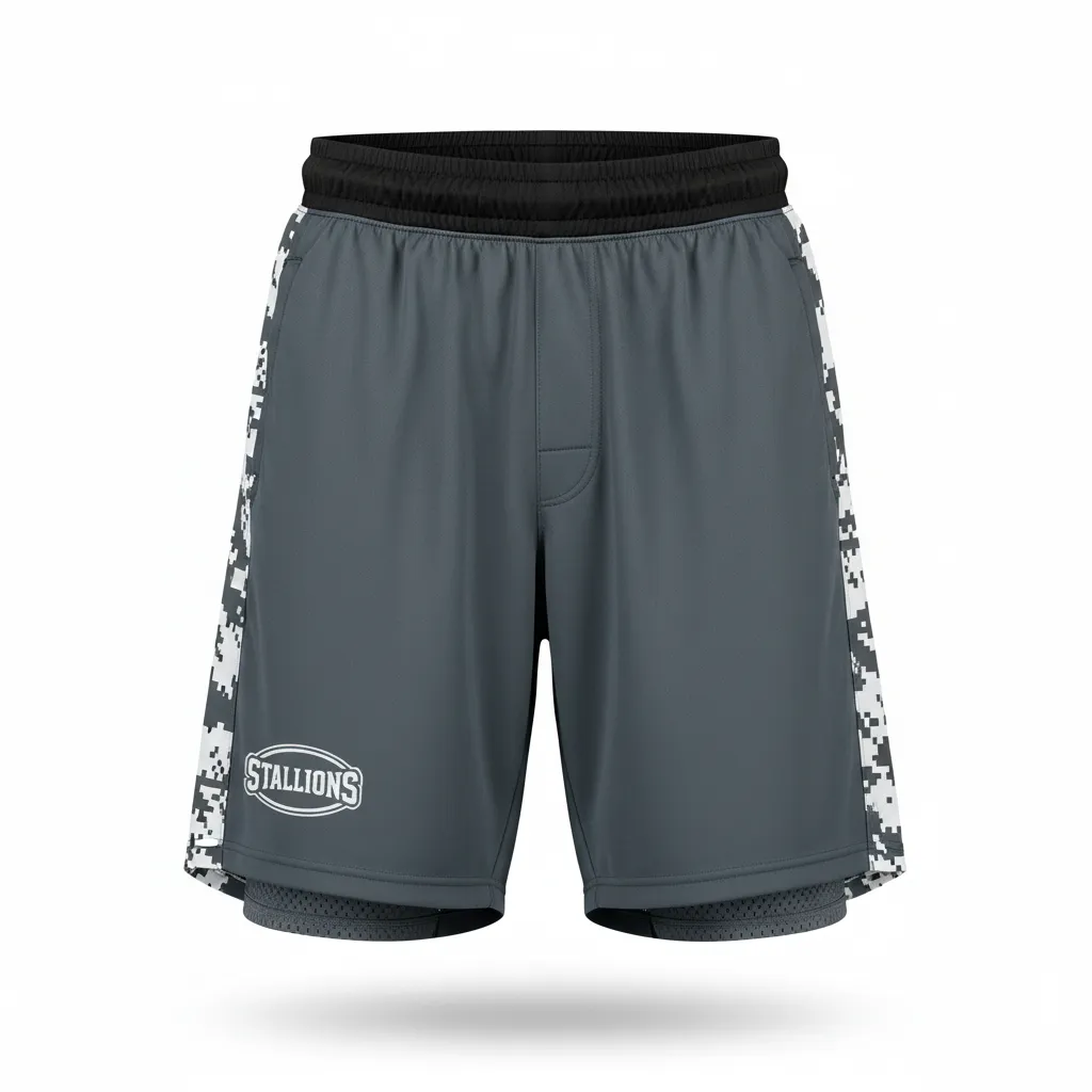 Custom Football Training Shorts - White - Training Shorts Charcoal Digital Camo - Front View - HAMCO Sports Inc.